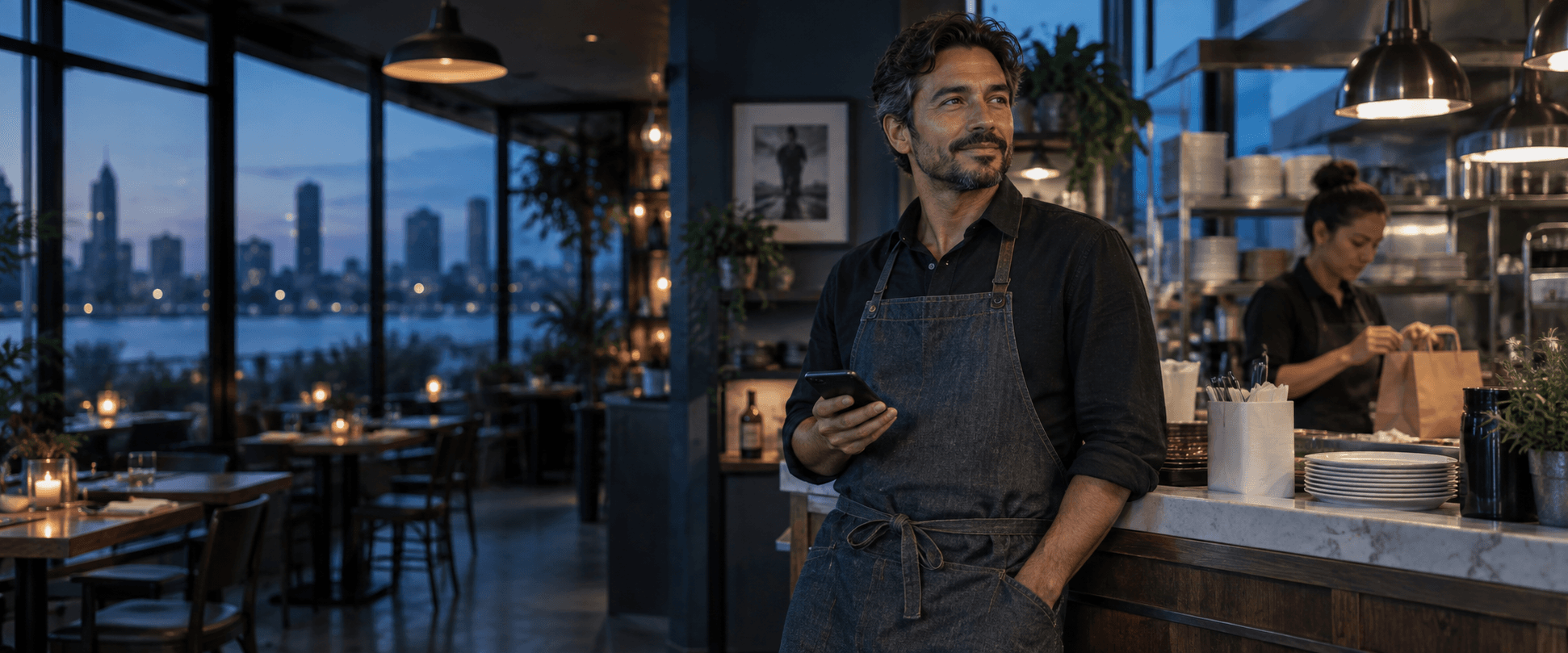 Business owner using a phone while the team prepares an order